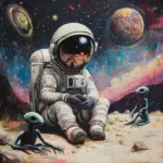 Astronaut & Aliens Oil Painting: Colorful Sci-Fi Galaxy Art (54x36 inches)